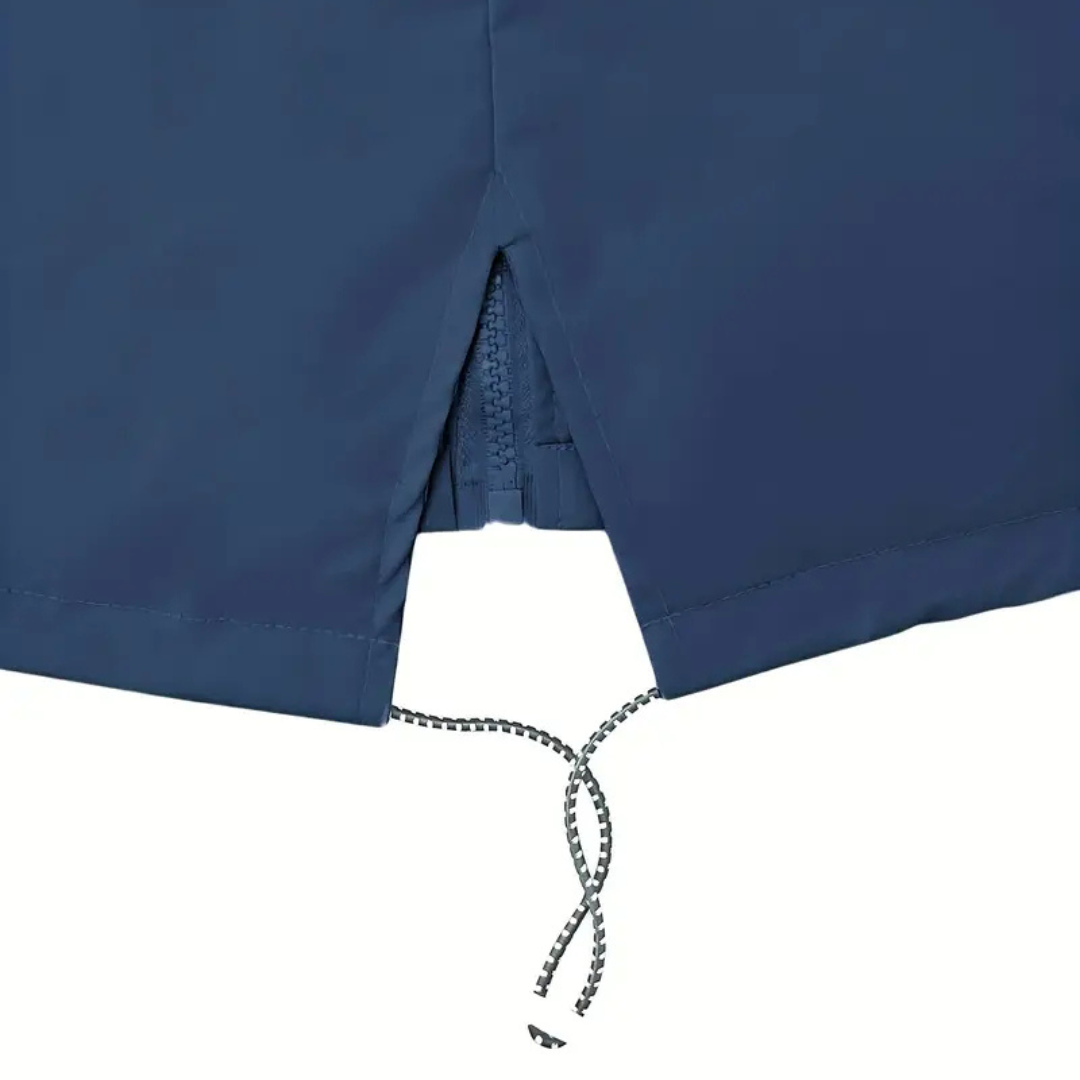 Women's waterproof rain coat with hood and adjustable drawcords