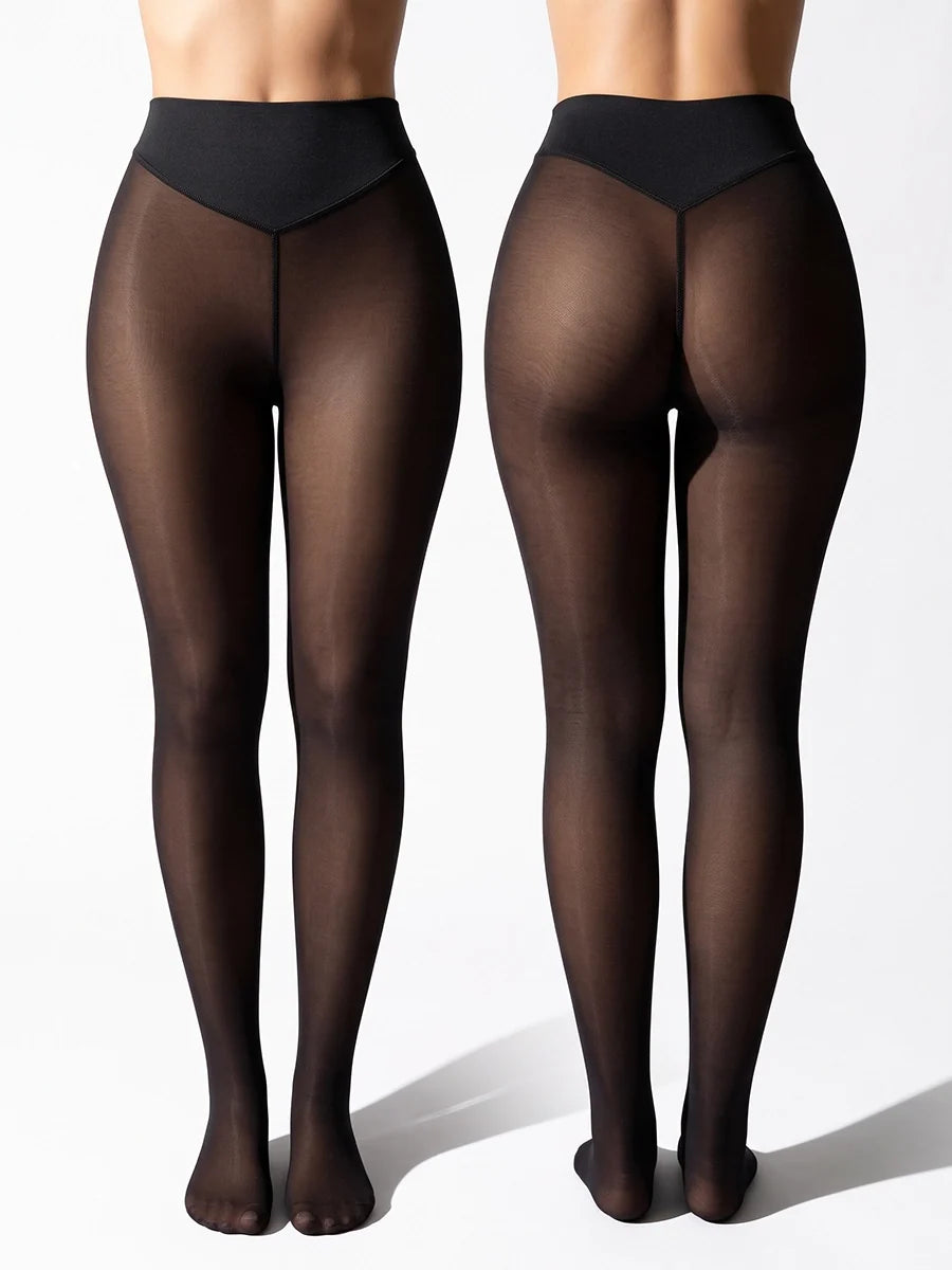 High-Waist Fleece-Lined Faux-Sheer Tights for Winter Outfits