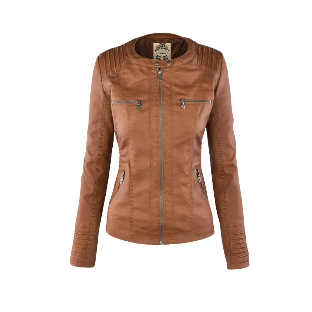 Women's water-resistant biker jacket with vegan leather and removable hood