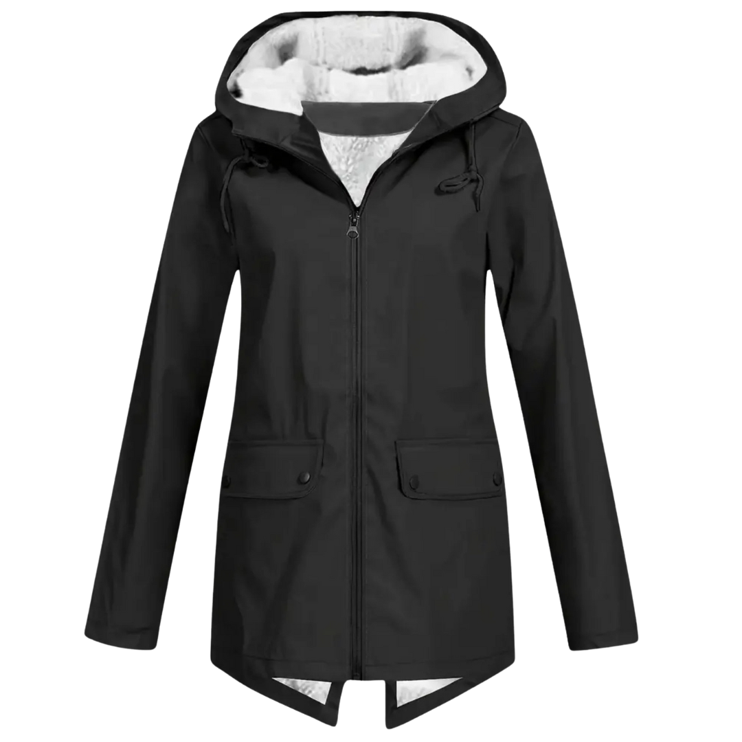 Women's waterproof fleece-lined jacket with adjustable hood and fish-tail hem