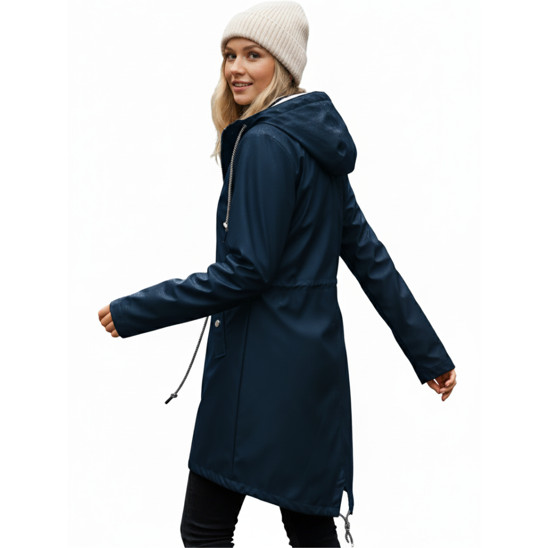 Women's waterproof rain coat with hood and adjustable drawcords