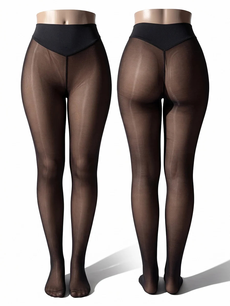 High-Waist Fleece-Lined Faux-Sheer Tights for Winter Outfits