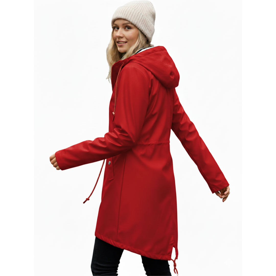 Women's waterproof rain coat with hood and adjustable drawcords