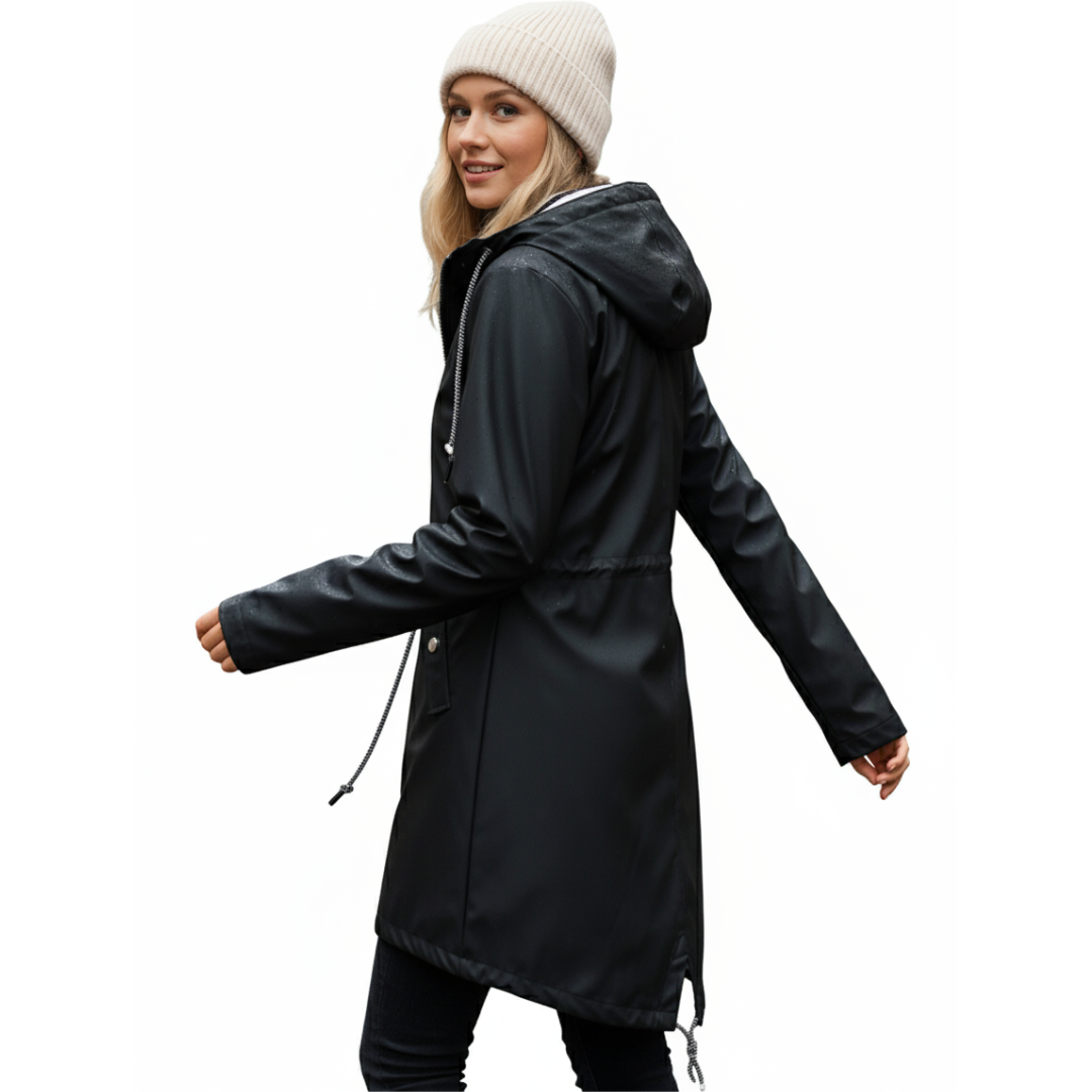 Women's waterproof rain coat with hood and adjustable drawcords