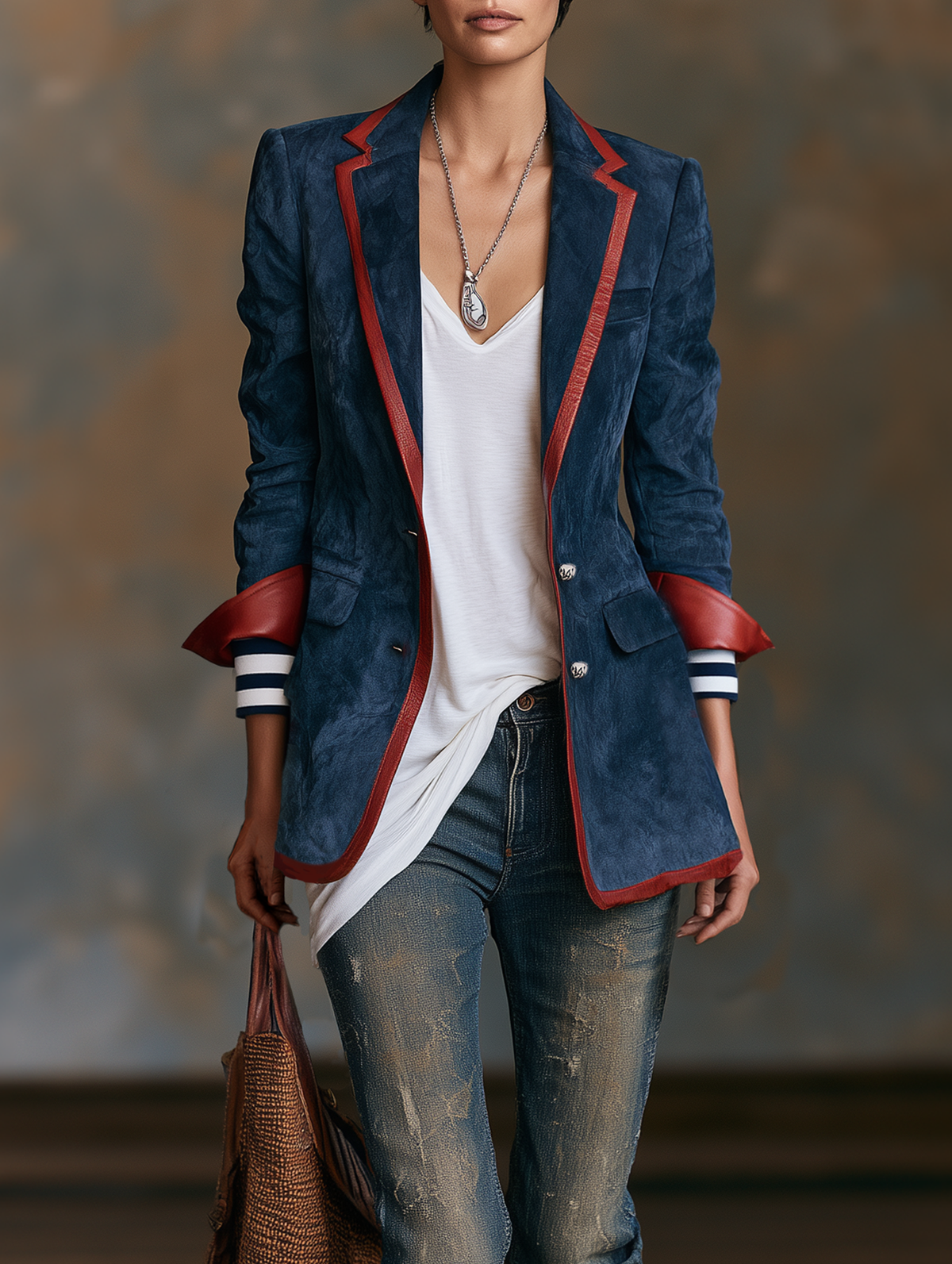 Women's Vintage-style Faux Suede Blazer With Red Leather Trim