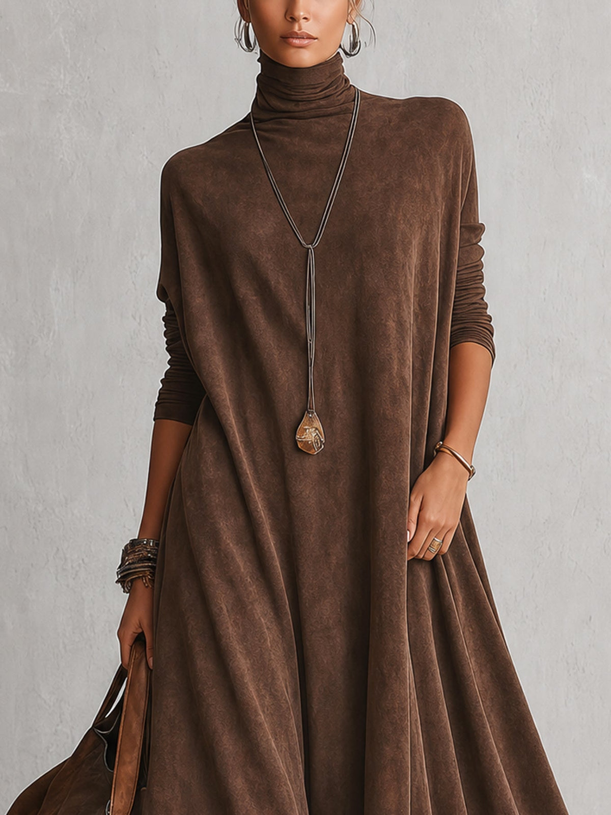 A-Line High-Neck Dress with Lace Panels and Long Sleeves