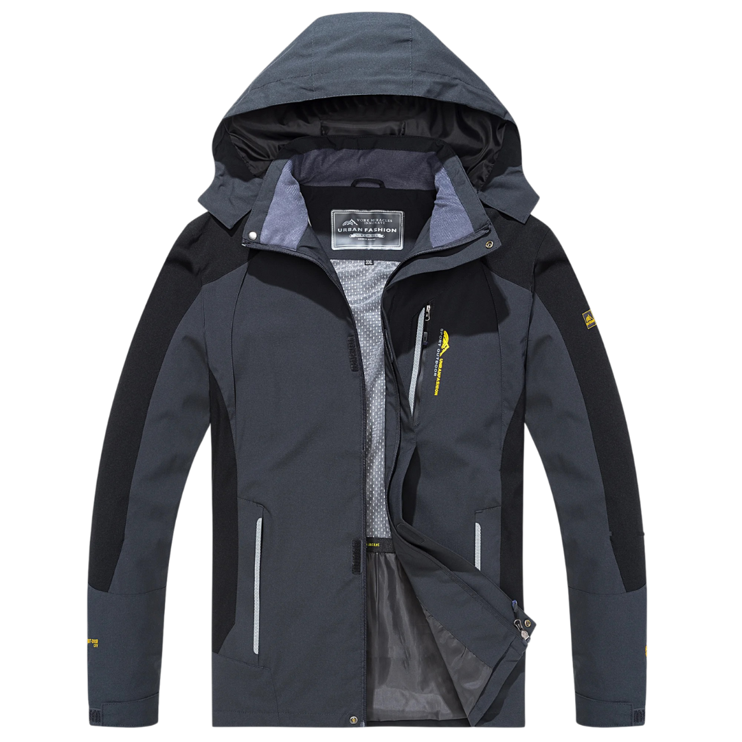 Men's waterproof hiking jacket with expedition shell and removable hood