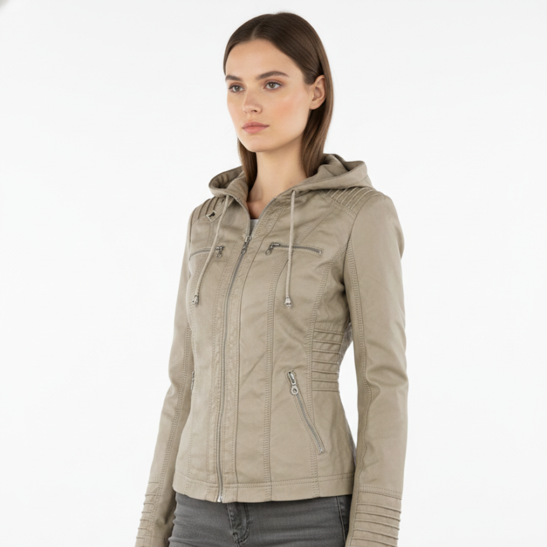 Celrien | Women's Biker Jacket Vegan Leather Removable Hood