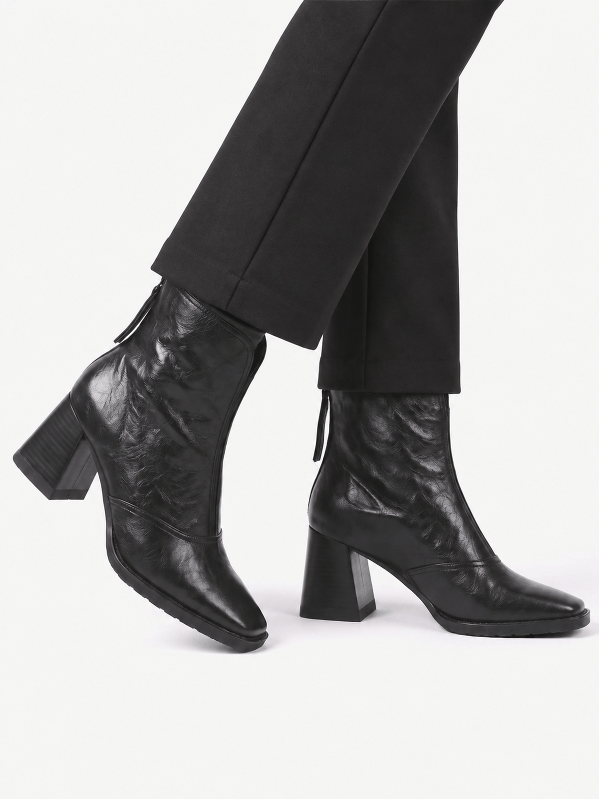 Women's Leather Ankle Boots with Block Heel and Zipper