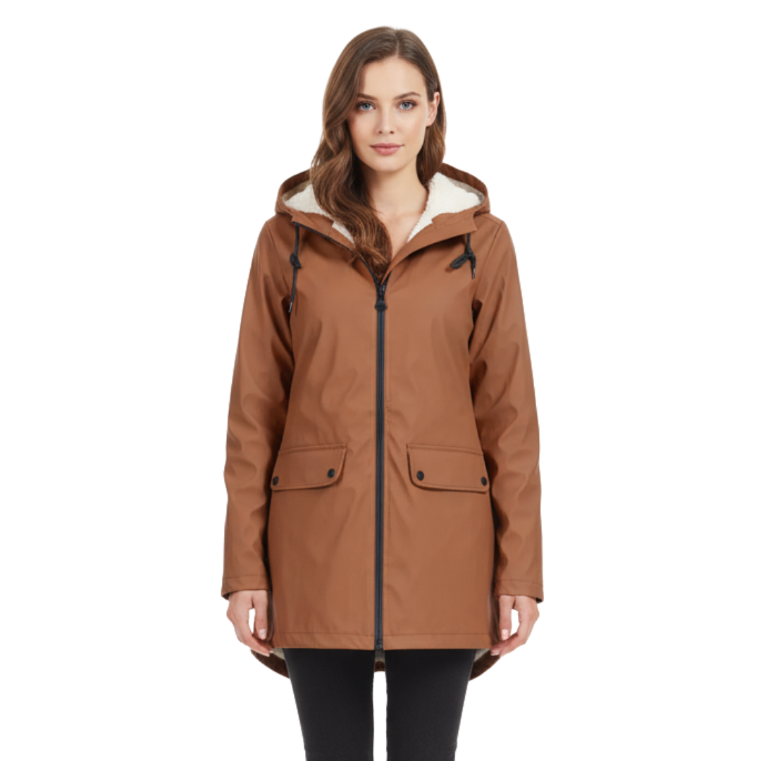 Women's waterproof fleece-lined jacket with adjustable hood and fish-tail hem