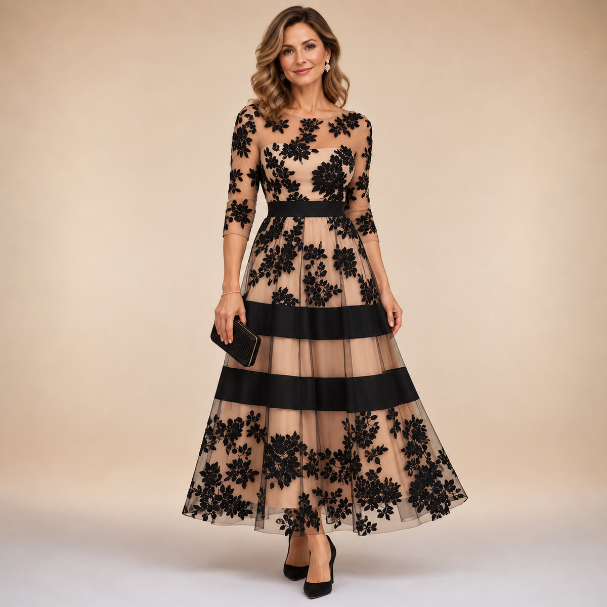 Floral Lace Midi Evening Dress
