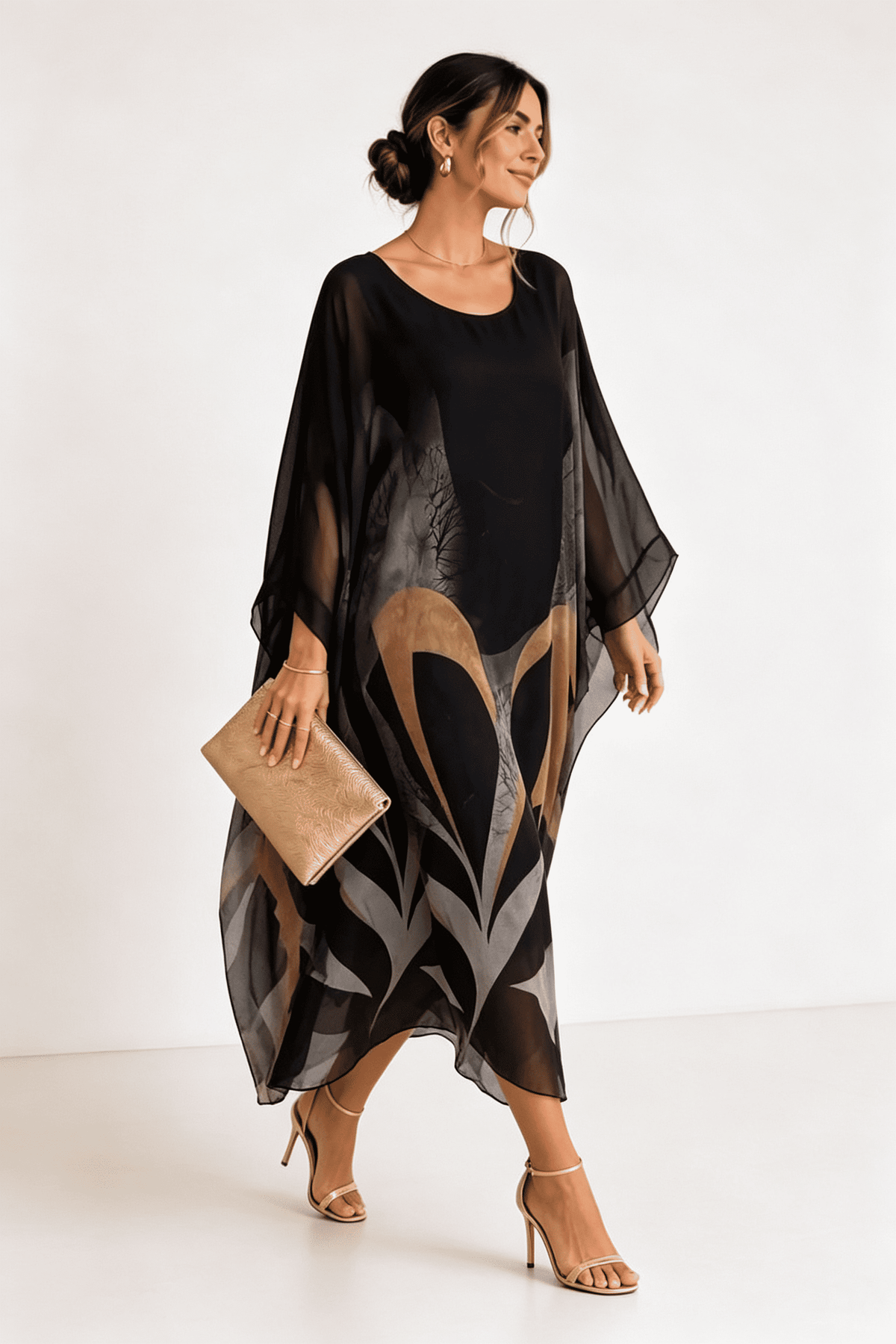 Black-Grey-Gold Printed Kaftan Maxi Dress