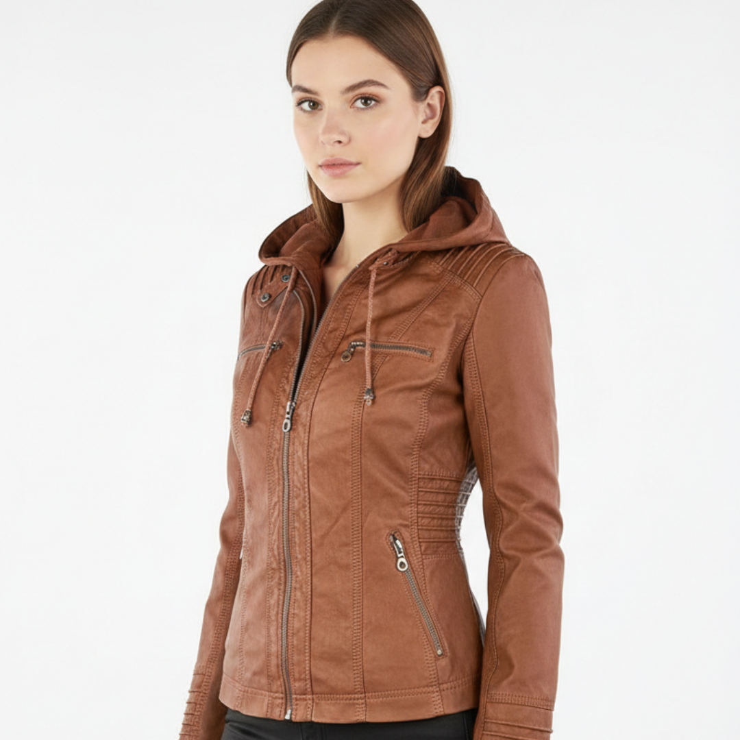 Celrien | Women's Biker Jacket Vegan Leather Removable Hood