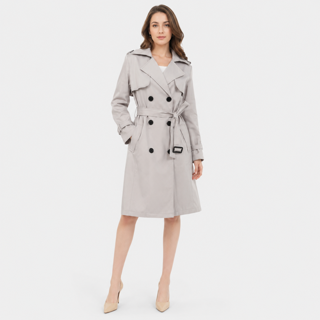 Celrien | Women's Long Double-Breasted Trench Coat with Belt