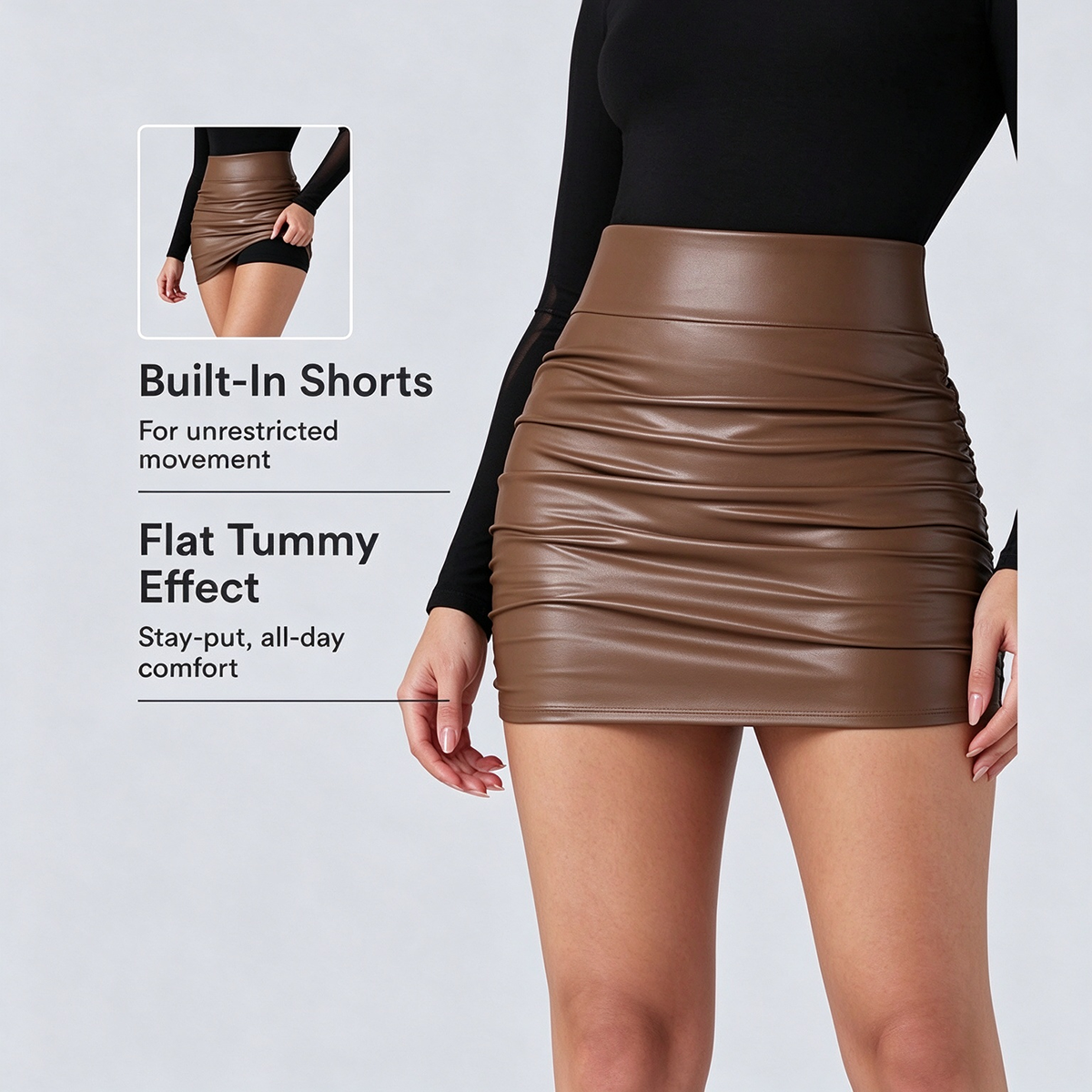High Waisted Tummy Control Ruched Curved Hem 2-in-1 Fleece PU Mini Bodycon Skirt