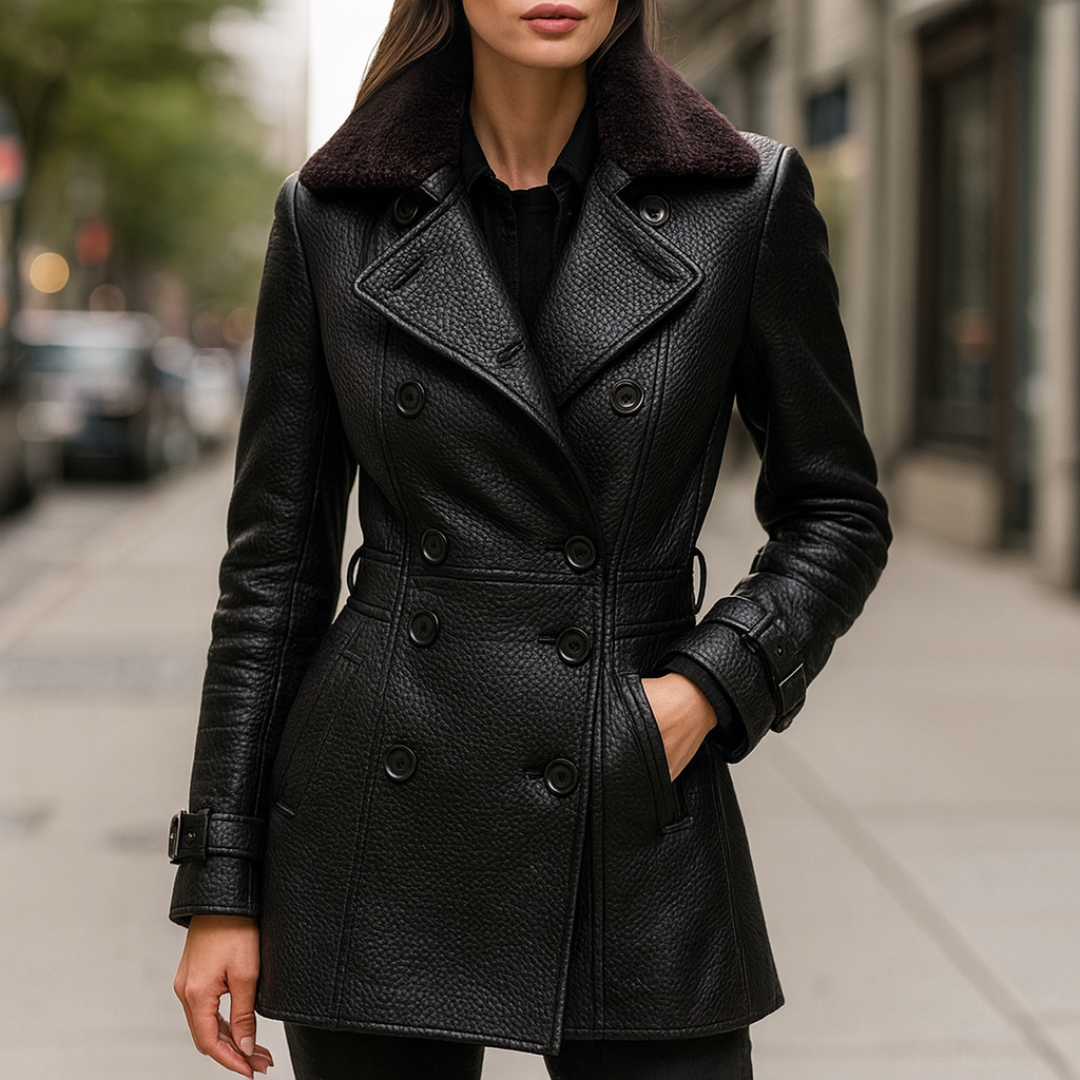 Celrien | NoirÉlégance Three-Quarter Length Tailored Women's Coat in Leather Look