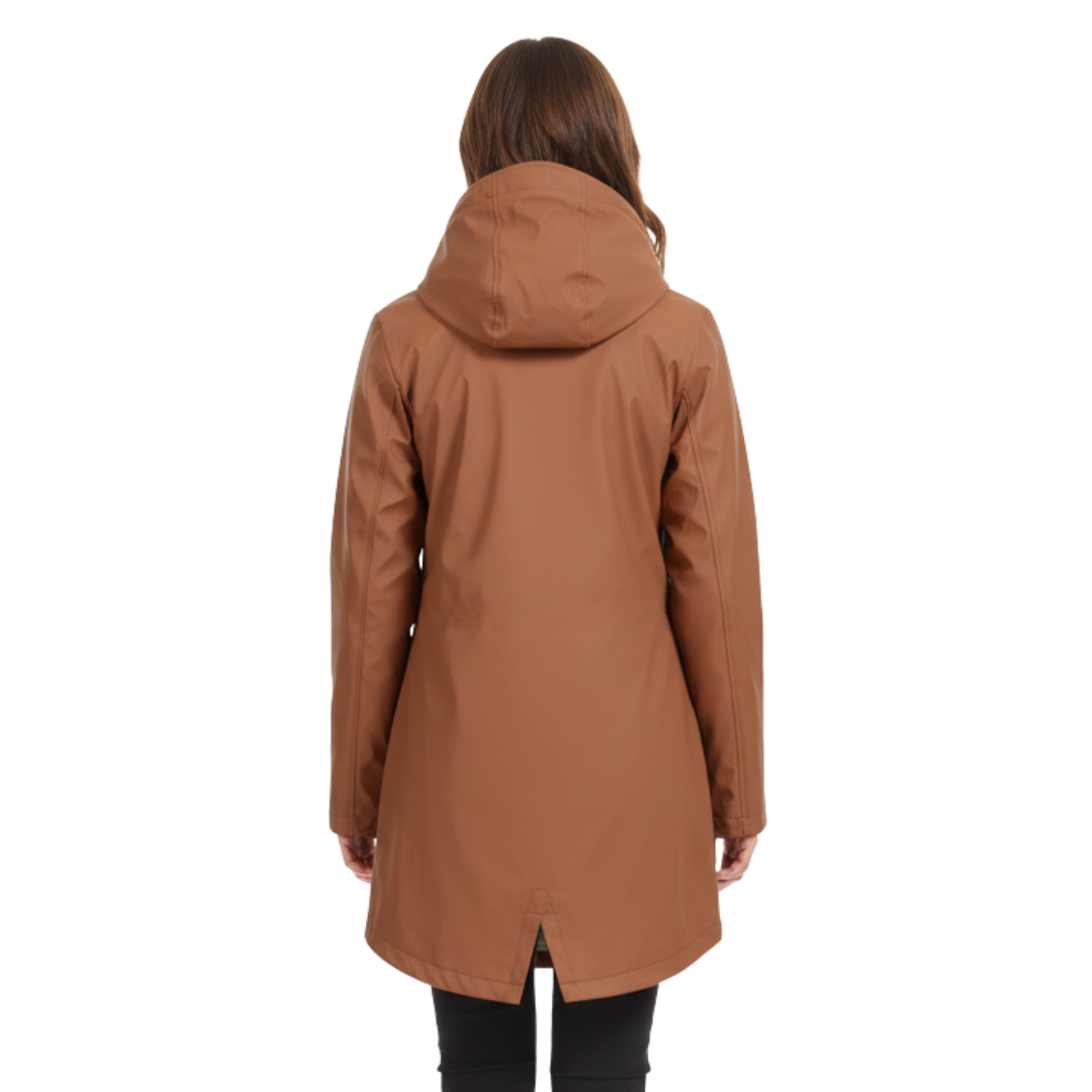 Women's waterproof fleece-lined jacket with adjustable hood and fish-tail hem