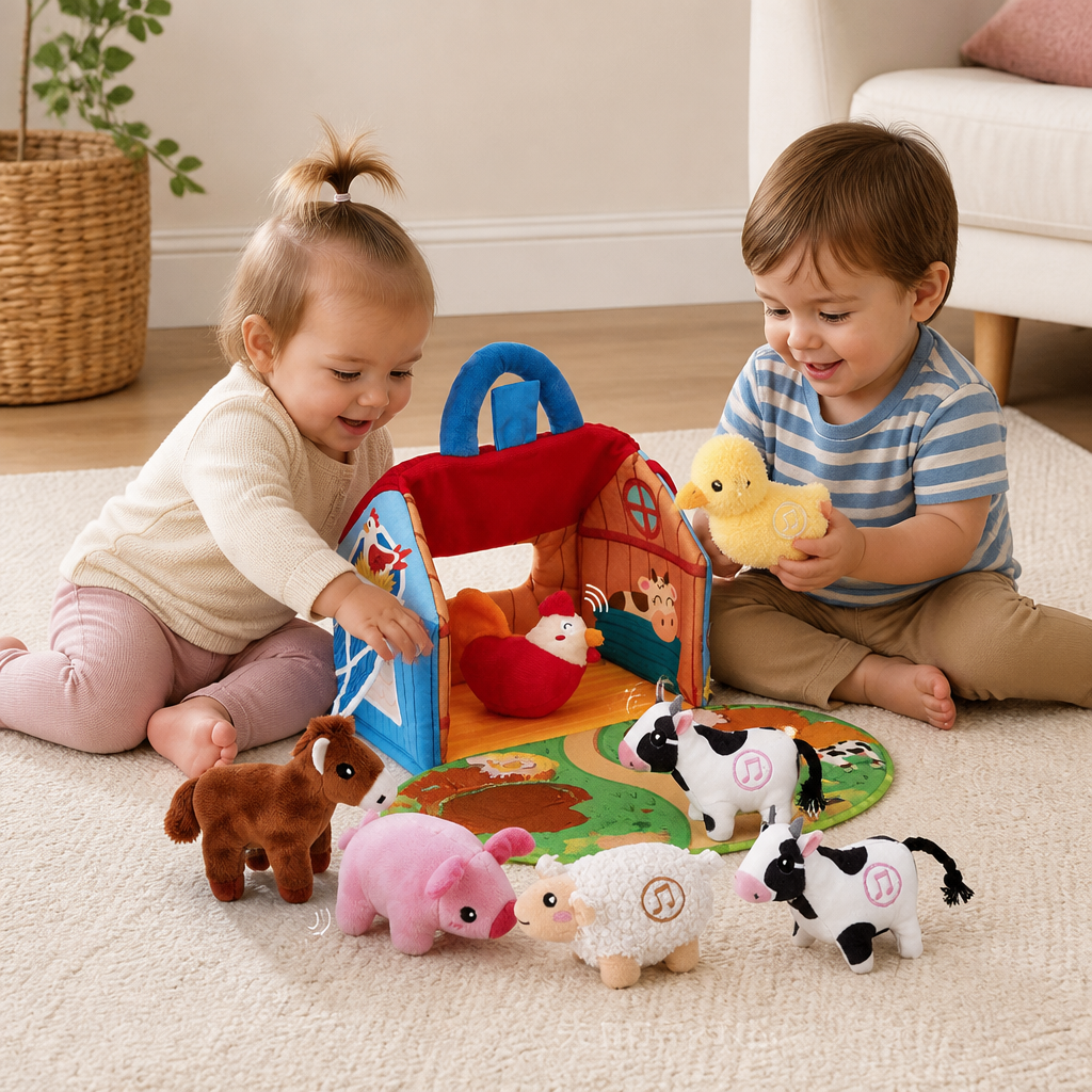 Plush Farm Animals Set – Interactive Educational Toy with Portable House