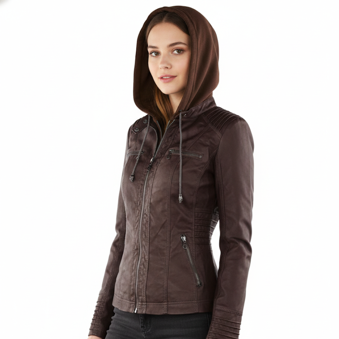 Celrien | Women's Biker Jacket Vegan Leather Removable Hood