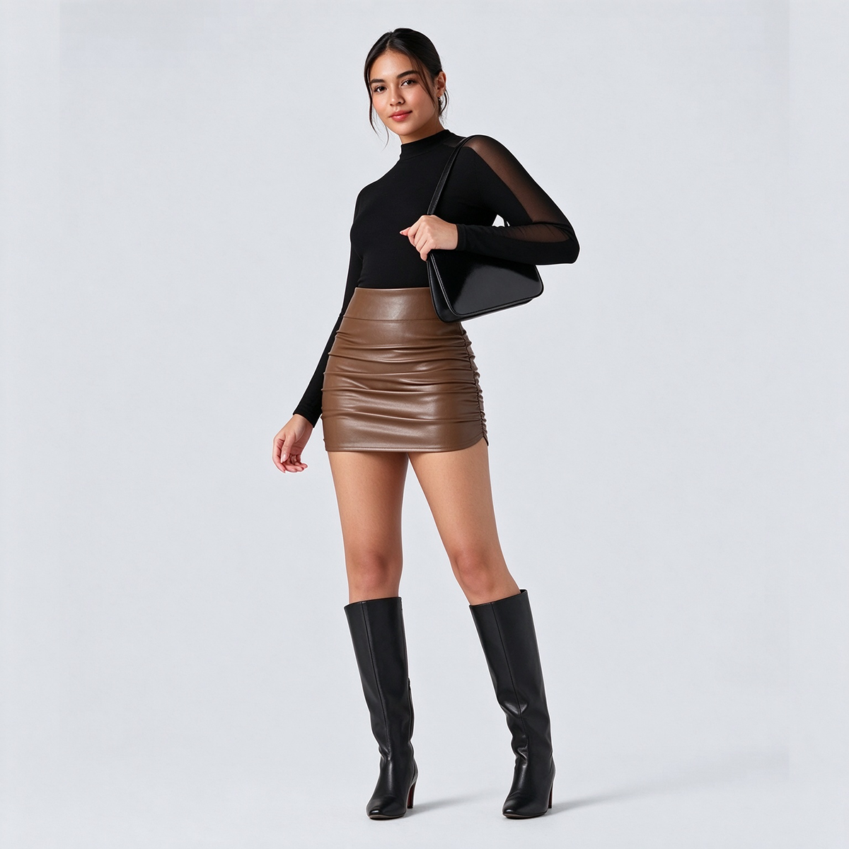 High Waisted Tummy Control Ruched Curved Hem 2-in-1 Fleece PU Mini Bodycon Skirt