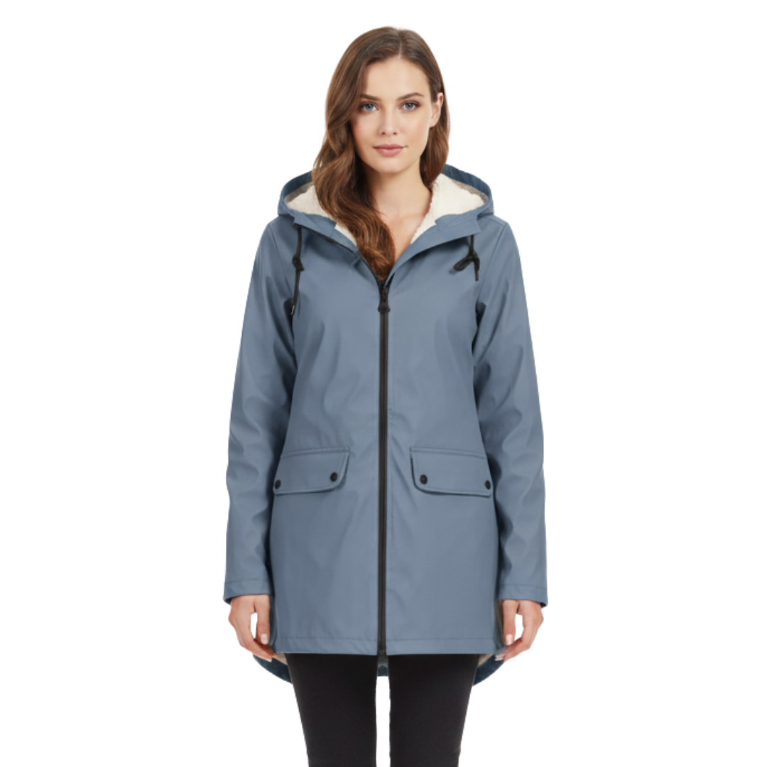 Women's waterproof fleece-lined jacket with adjustable hood and fish-tail hem
