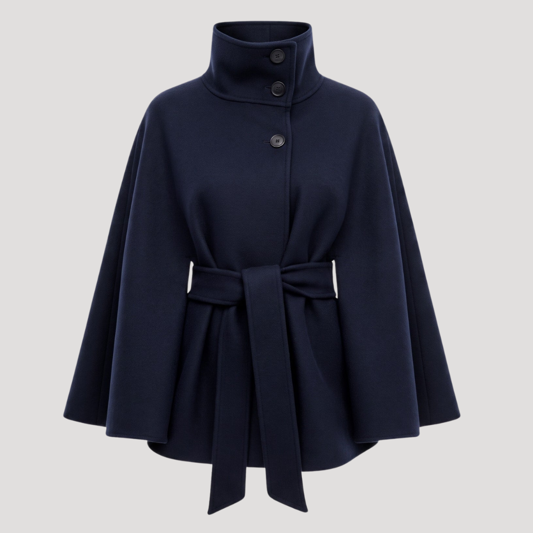 Belted Cape Coat with Stand Collar