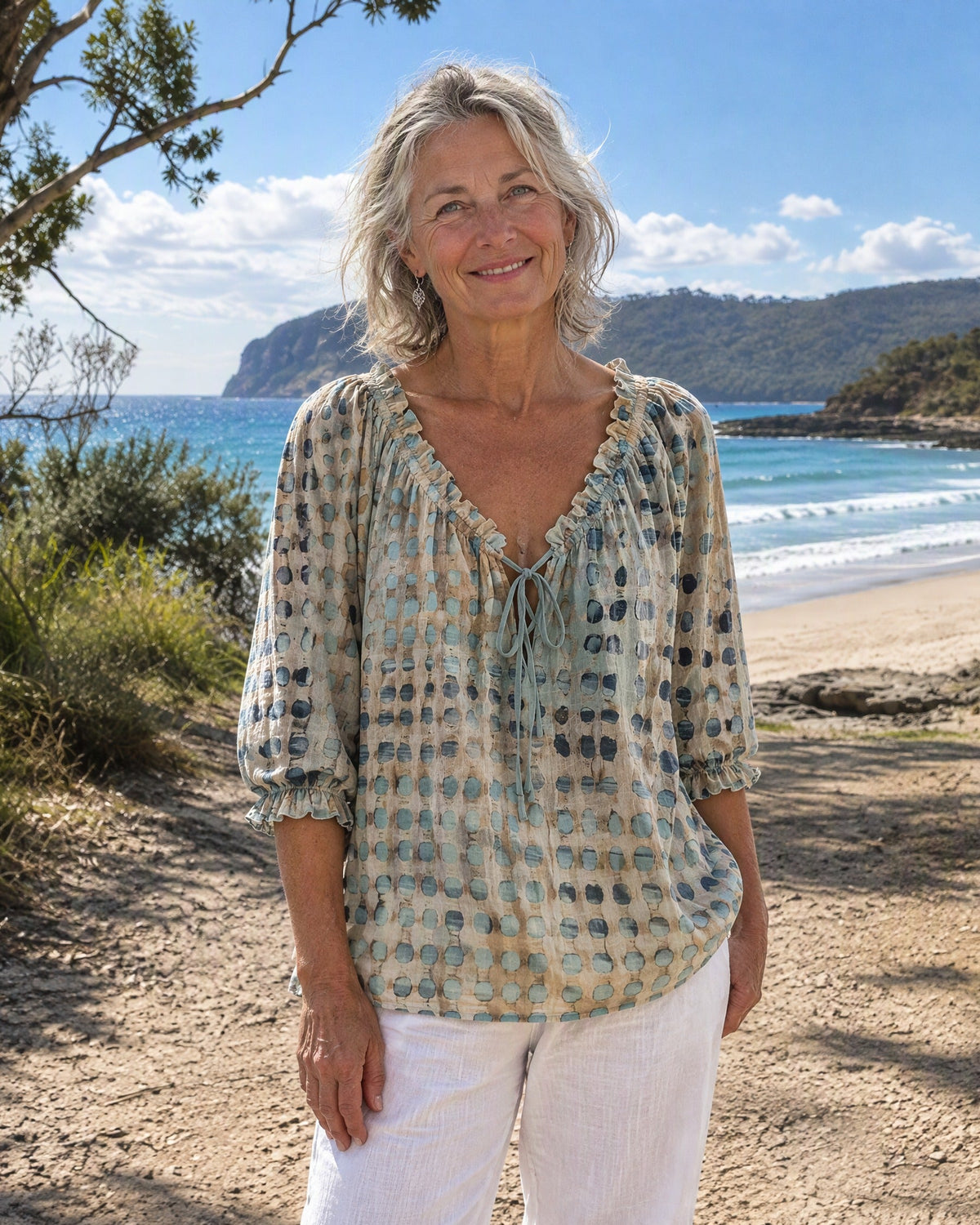 Boho Print Tie-Neck Blouse