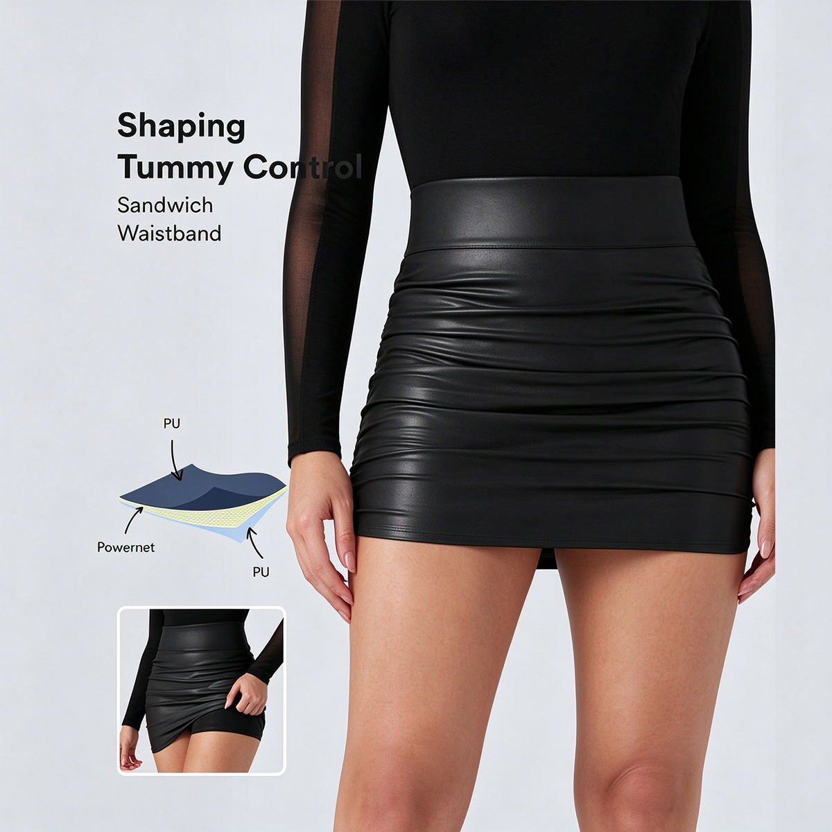 High Waisted Tummy Control Ruched Curved Hem 2-in-1 Fleece PU Mini Bodycon Skirt