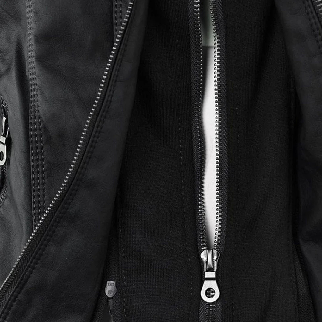 Women's water-resistant biker jacket with vegan leather and removable hood