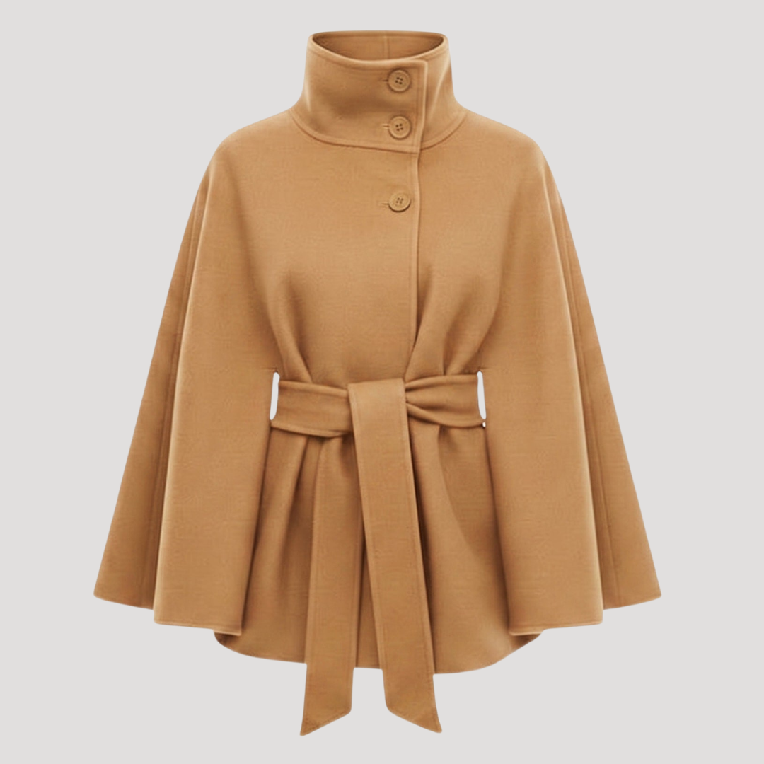 Belted Cape Coat with Stand Collar