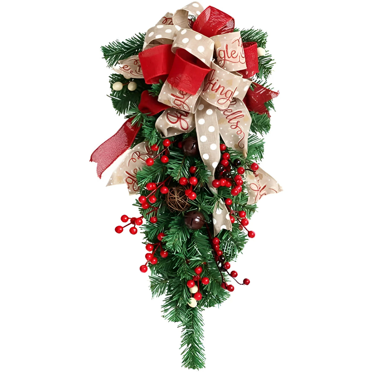 Upside Down Christmas Tree Door Swag with Bows and Berries, 60 cm