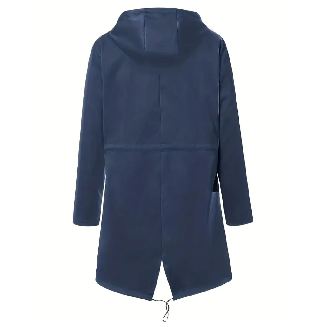 Women's waterproof rain coat with hood and adjustable drawcords