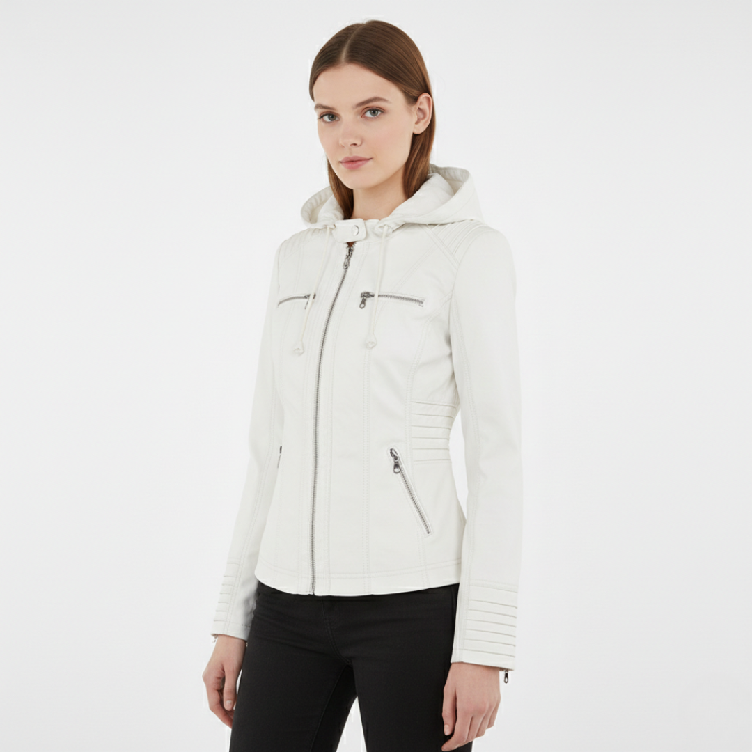 Celrien | Women's Biker Jacket Vegan Leather Removable Hood