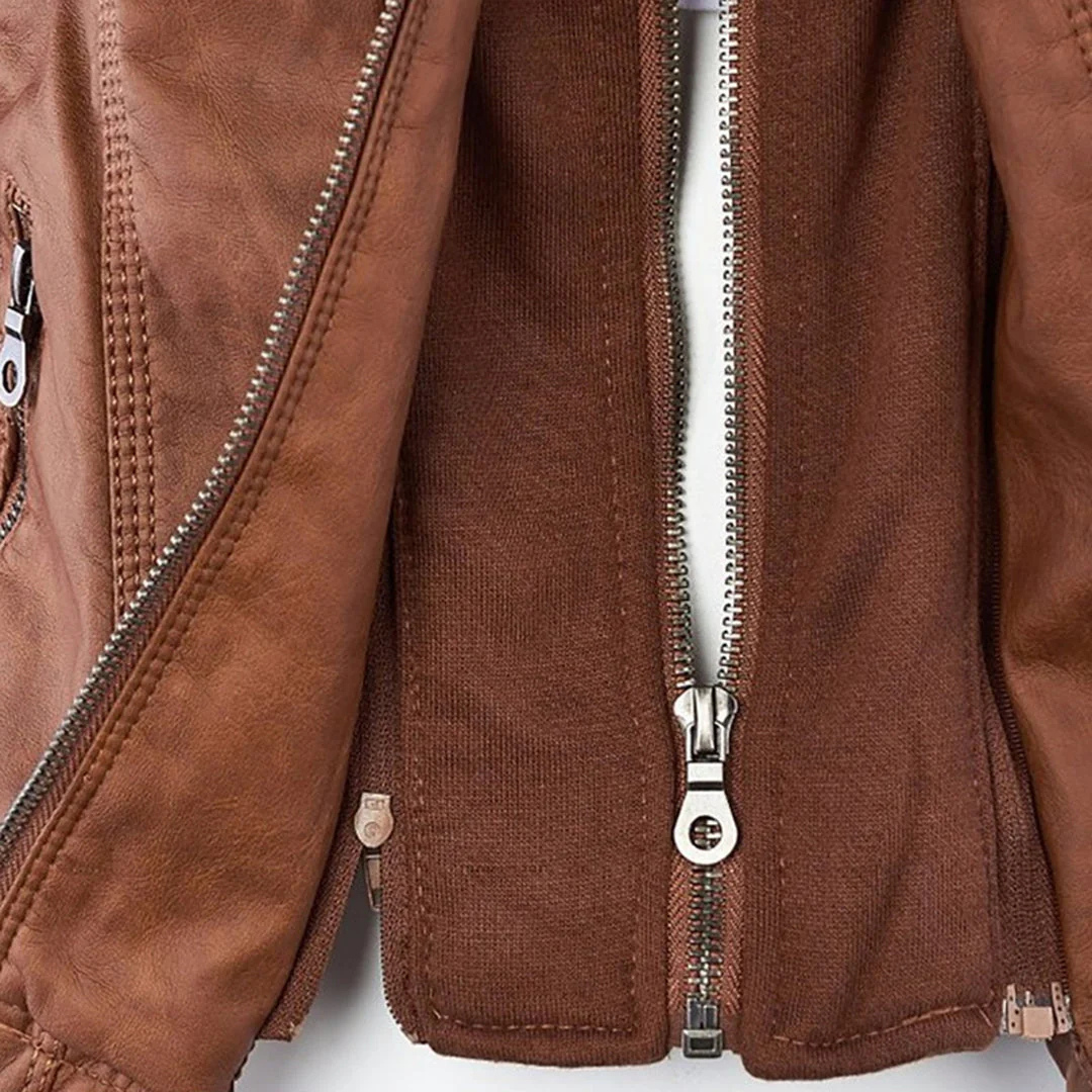 Women's water-resistant biker jacket with vegan leather and removable hood