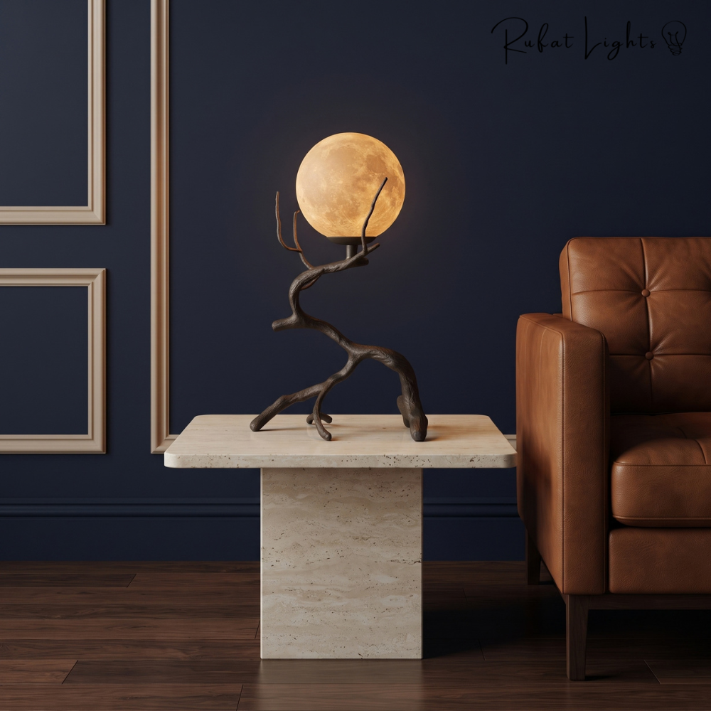 Rustic Wood Grain Moon Table Light