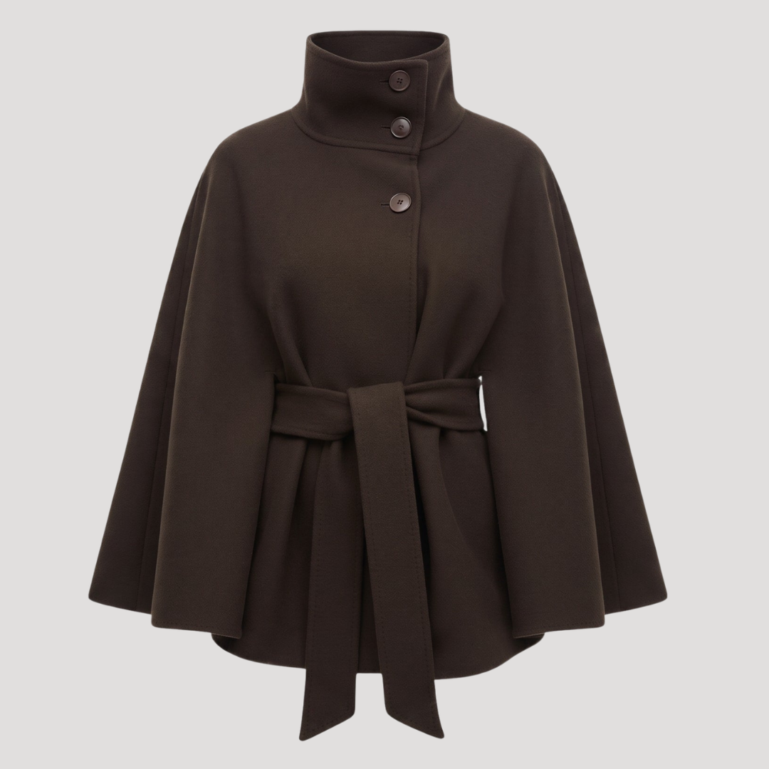 Belted Cape Coat with Stand Collar