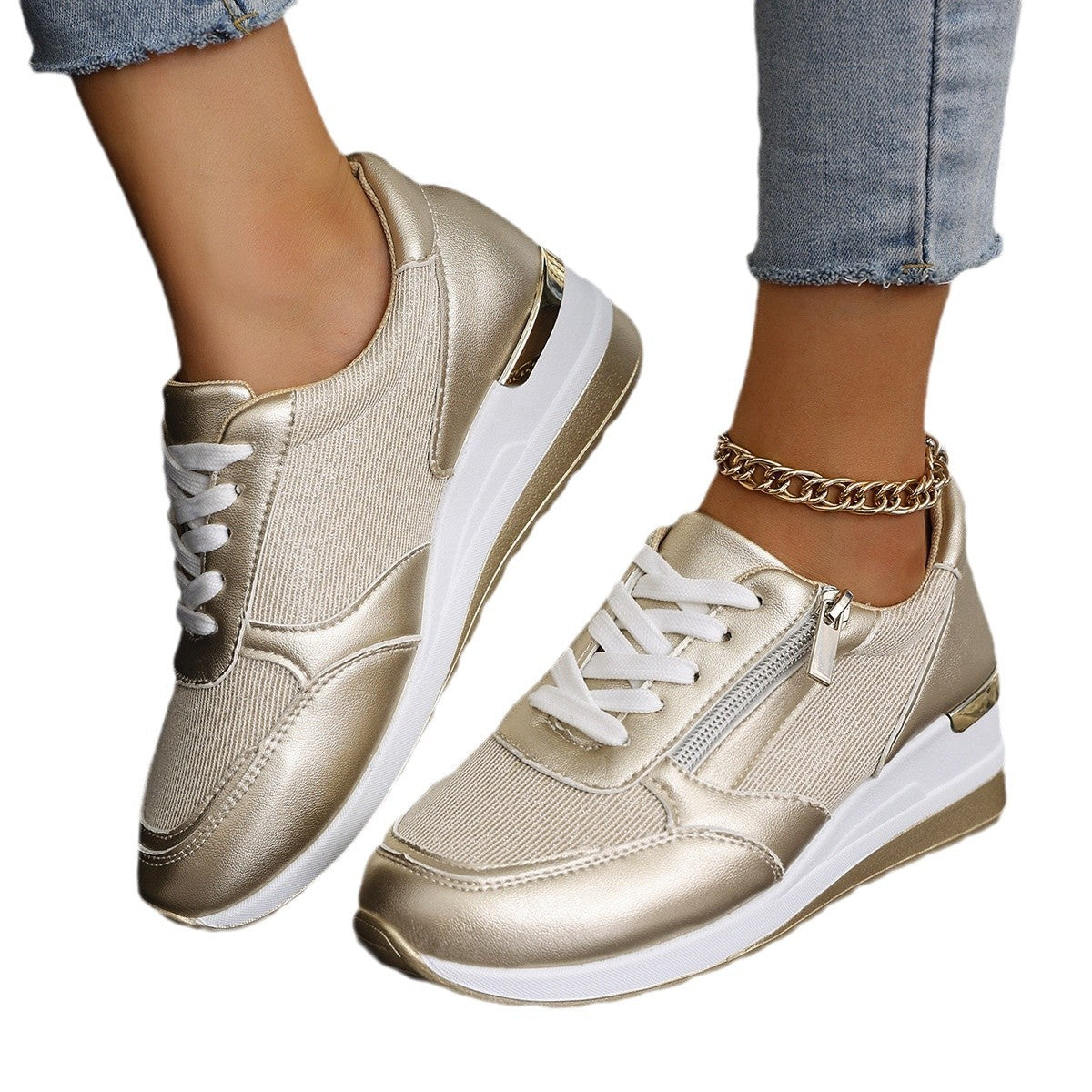 Women's Lace-Up Sneakers with Side Zip – Thick Sole, Comfort and Sporty Style