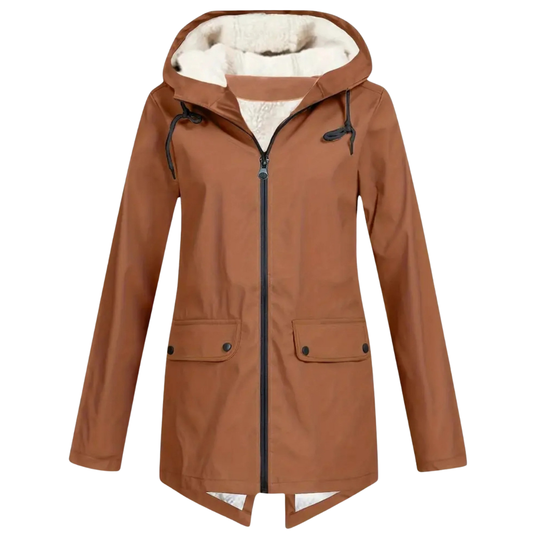 Women's waterproof fleece-lined jacket with adjustable hood and fish-tail hem