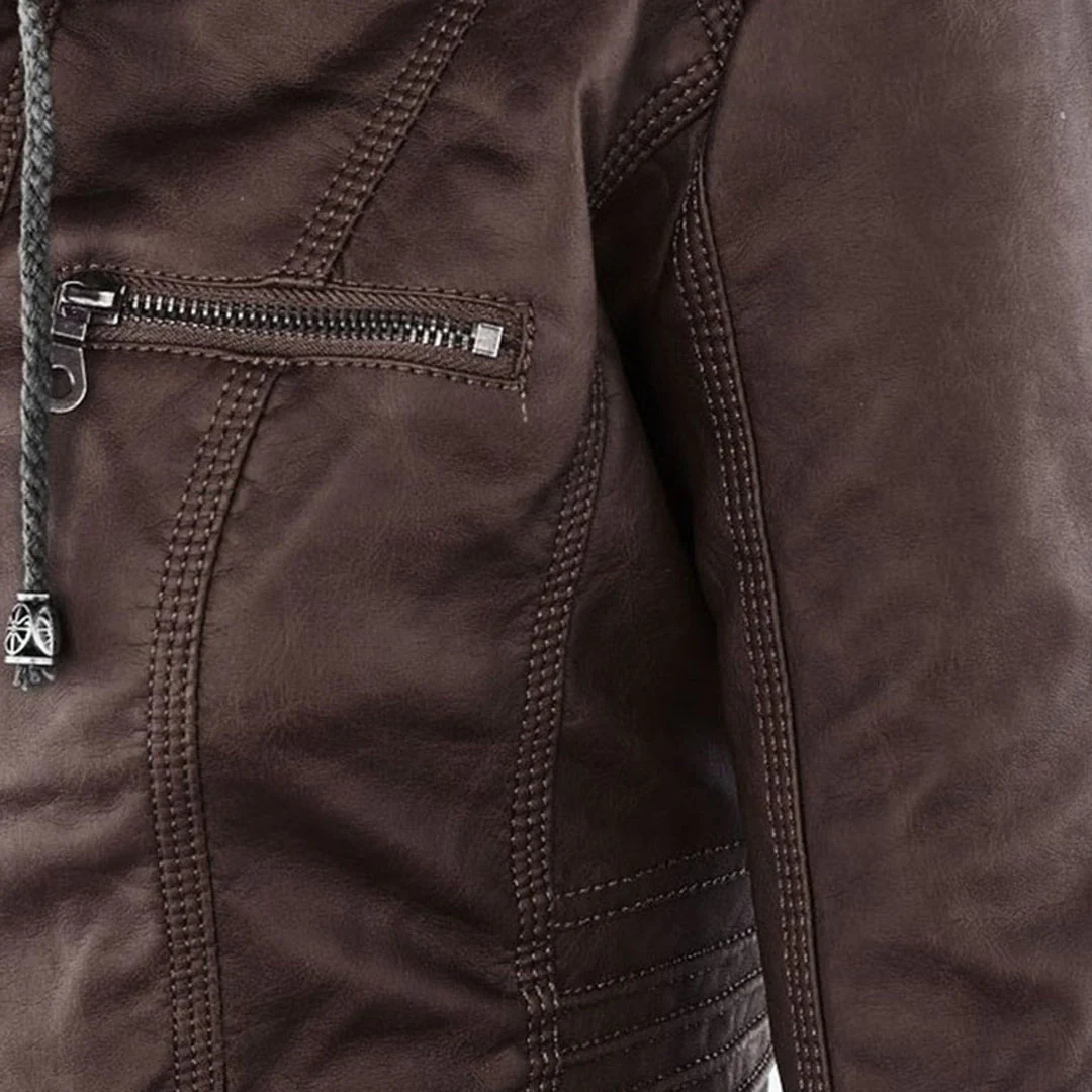 Women's water-resistant biker jacket with vegan leather and removable hood