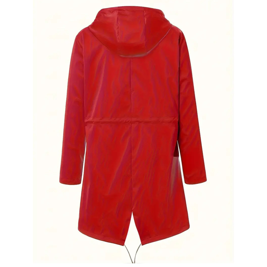 Women's waterproof rain coat with hood and adjustable drawcords