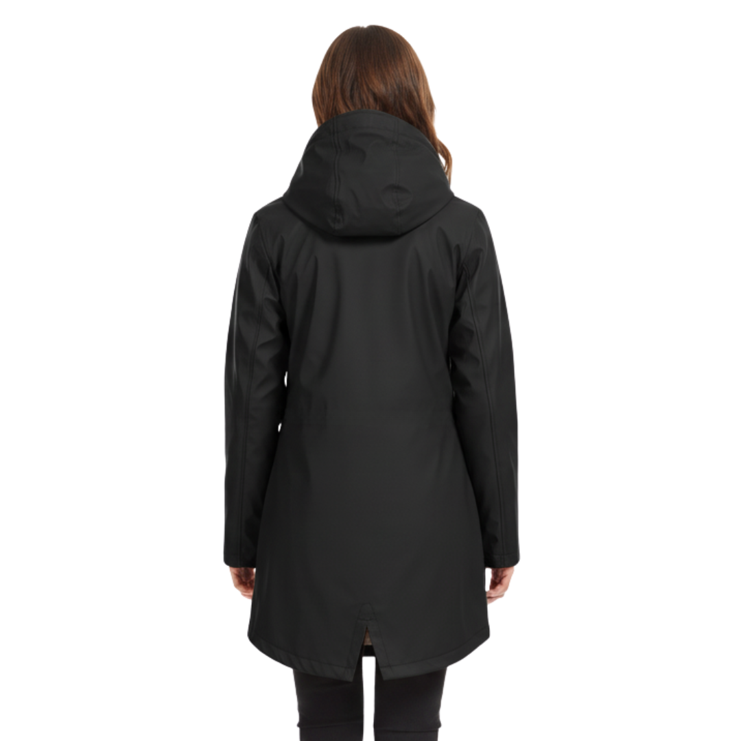 Women's waterproof fleece-lined jacket with adjustable hood and fish-tail hem