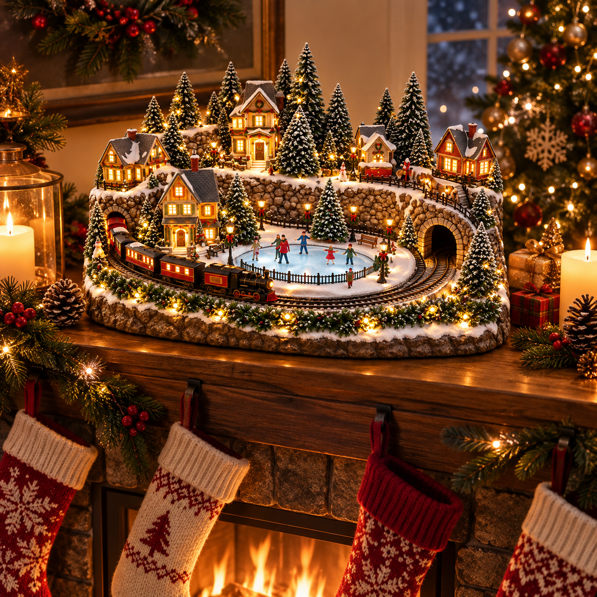 Animated Christmas train village scene with ice skating rink and glowing cottages