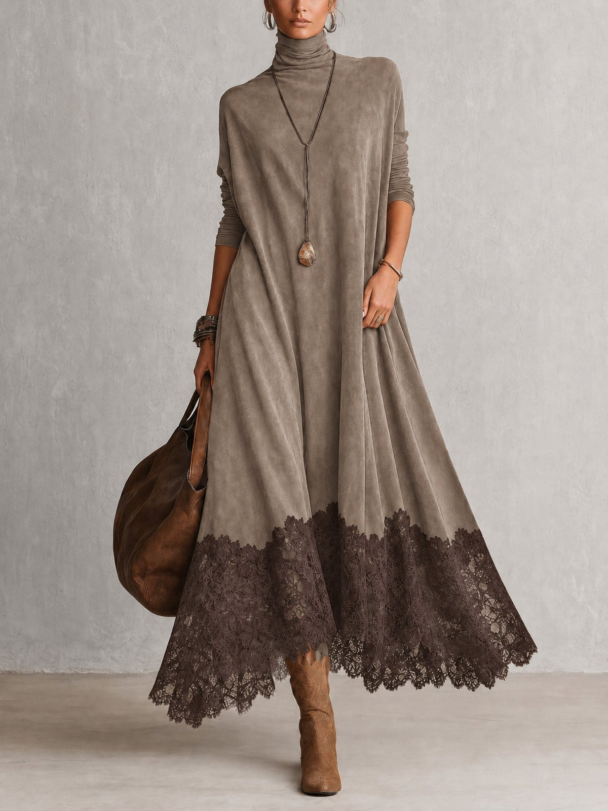 A-Line High-Neck Dress with Lace Panels and Long Sleeves