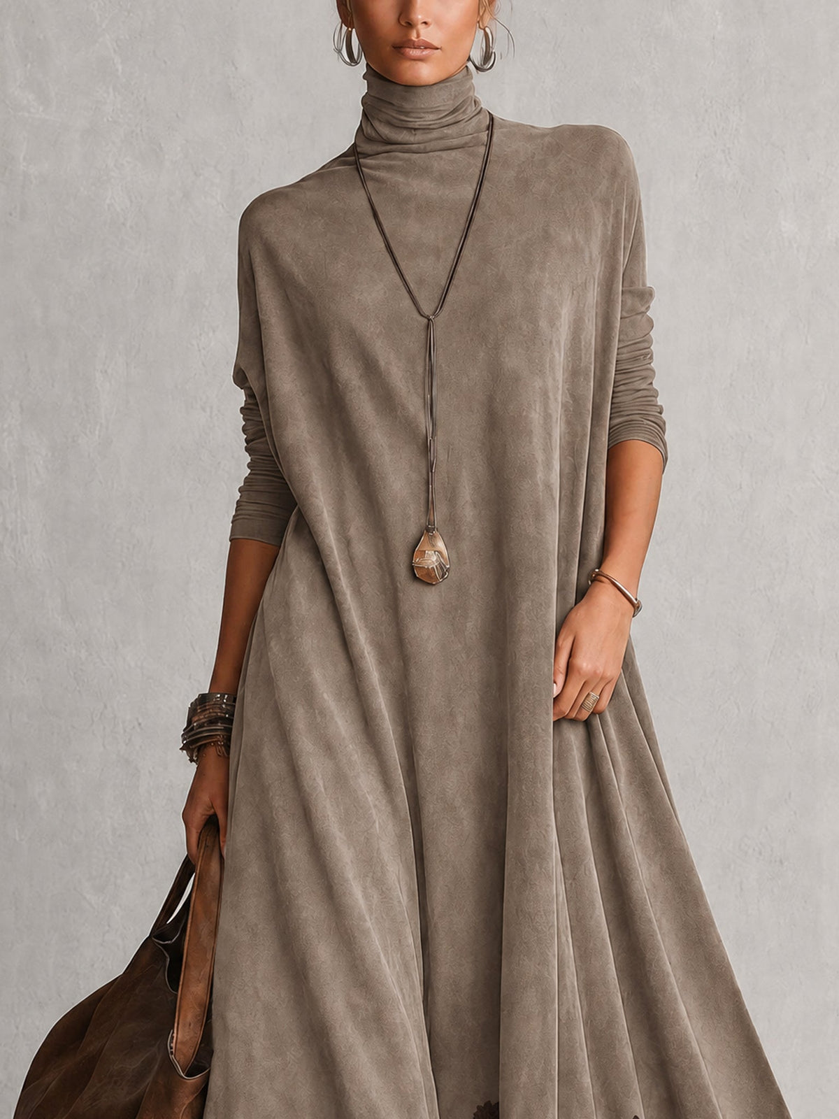 A-Line High-Neck Dress with Lace Panels and Long Sleeves