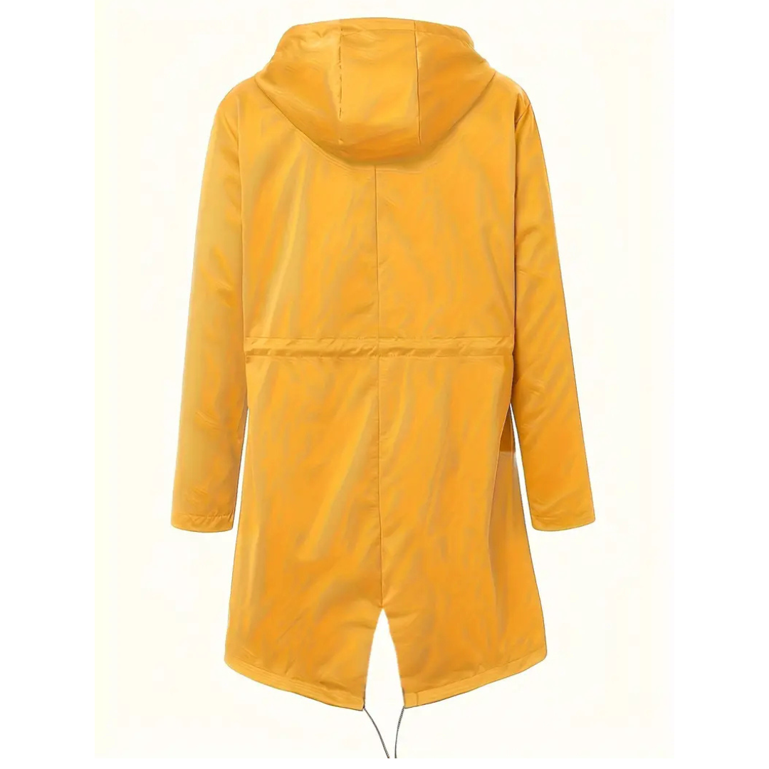 Women's waterproof rain coat with hood and adjustable drawcords