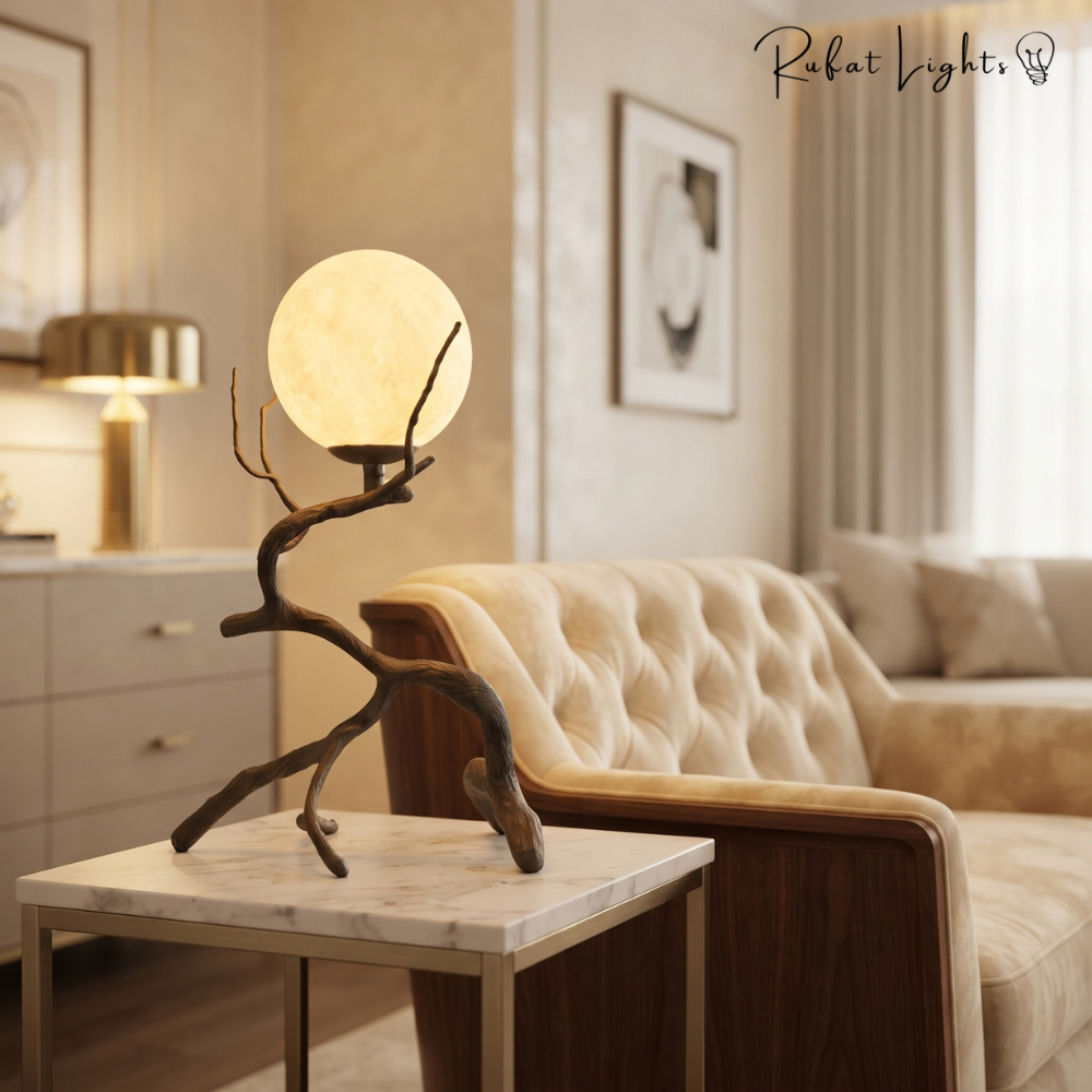 Rustic Wood Grain Moon Table Light