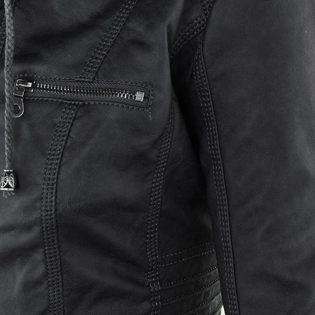 Women's water-resistant biker jacket with vegan leather and removable hood