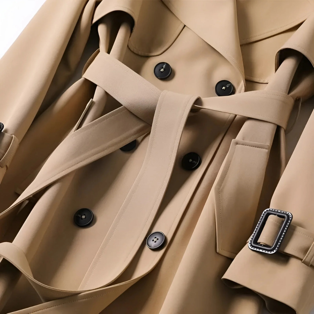 Women's long trench coat with leopard print, relaxed fit, double-breasted buttons