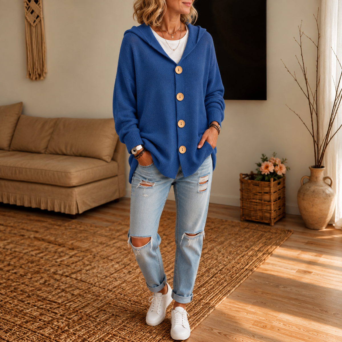 Hooded Waffle-Knit Button-Front Cardigan