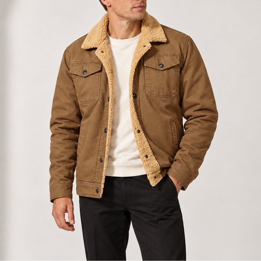 Men's Sherpa-Lined Trucker Jacket with Fleece Collar and Chest Pockets